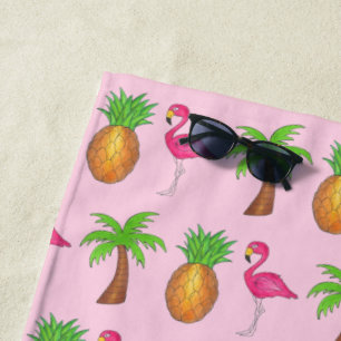 Serviette De Plage Ile tropicale Palm Tree Ananas Flamant rose rose