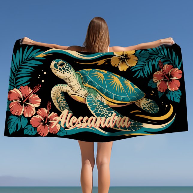 Serviette De Plage Ile Vibes Tortue tropicale Hibiscus hawaïen (Créateur téléchargé)