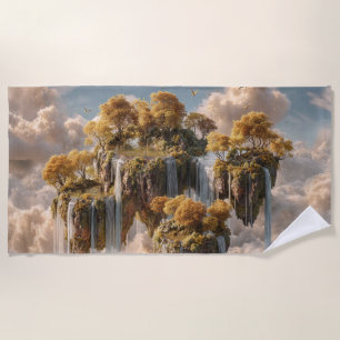 Serviette De Plage Îles flottantes surréalistes avec des arbres dorés