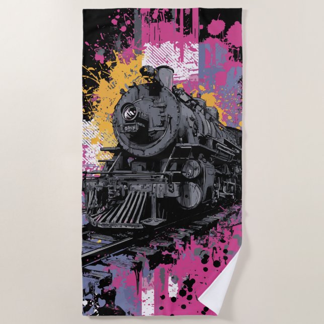 Serviette De Plage Illustration d'art pop graffiti de train à vapeur  (Devant)
