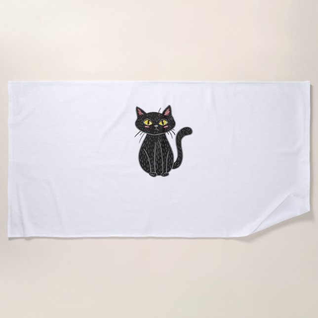Serviette De Plage Illustration de chat noir, Doodle mignon chat clas (Devant)