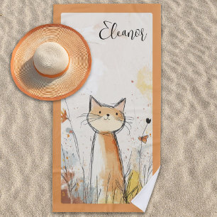 Serviette De Plage Illustration de chat orange adorable personnalisée