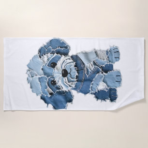 Serviette De Plage Illustration de chien en patchwork de denim mignon