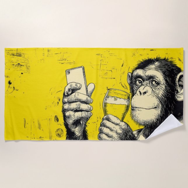 Serviette De Plage Illustration de singe drôle prenant un selfie – Ch (Devant)