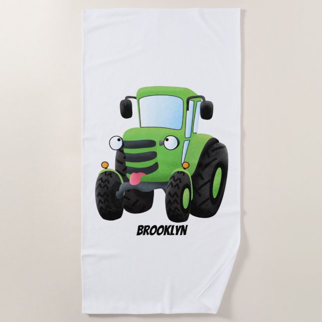 Serviette De Plage Illustration du joli joyeux tracteur agricole vert (Devant)