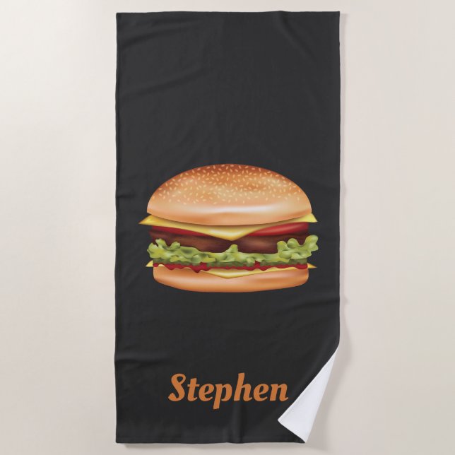 Serviette De Plage Illustration Hamburger Fast Food Avec Nom Personna (Devant)
