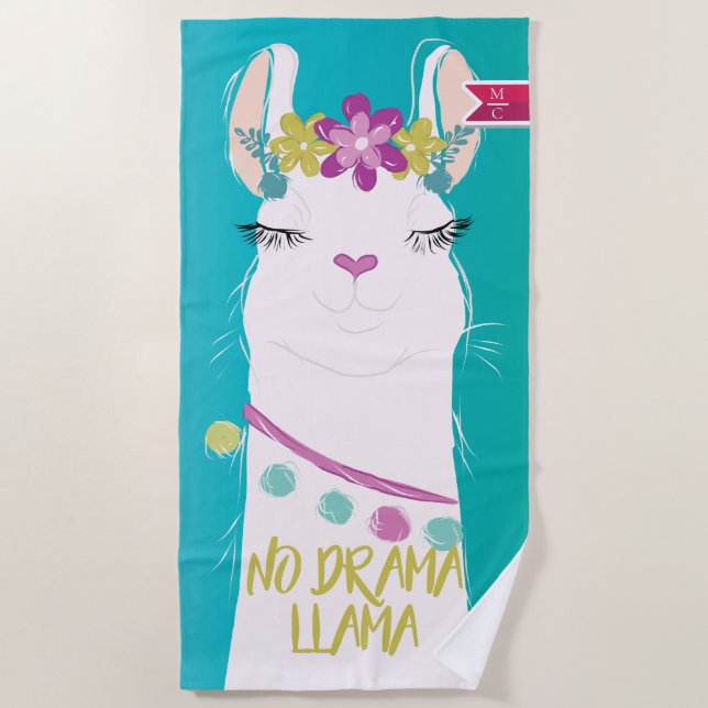 Serviette De Plage Illustration No Drama Llama avec Monogramme (Devant)
