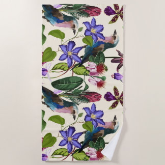 Serviette De Plage Illustrations de fleur violette, oiseaux tropicaux