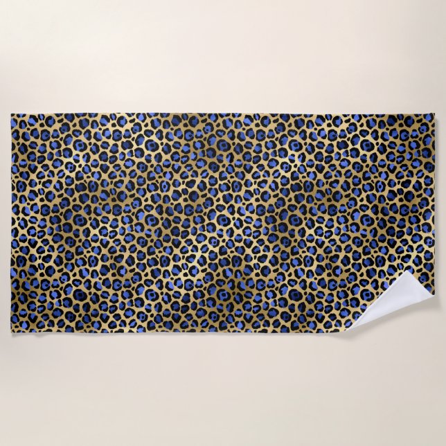Serviette De Plage Impression de taches de léopard glamour or et bleu (Devant)