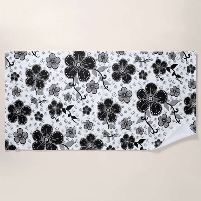 Serviette De Plage Impression florale noire et blanche (Devant)