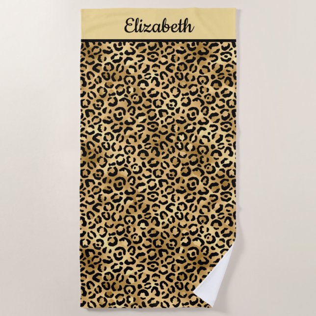 Serviette De Plage Imprimé guépard noir et or personnalisé (Devant)