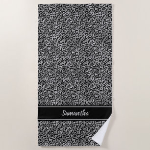 Serviette De Plage Imprimé léopard noir argenté chic personnalisé