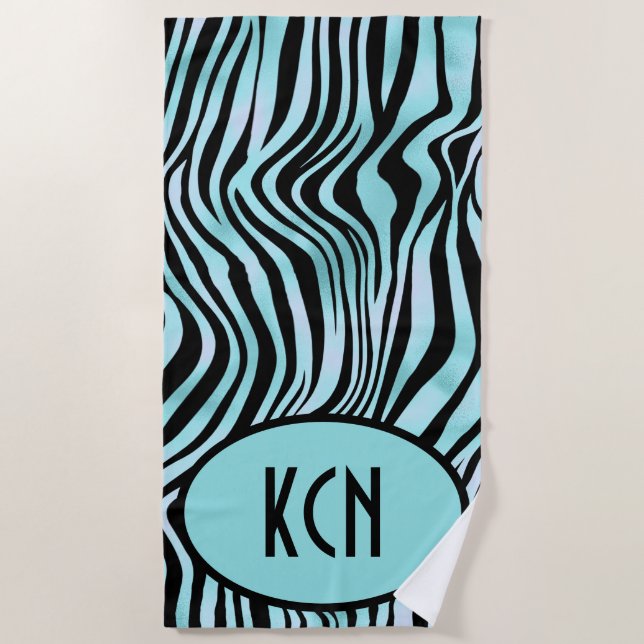 Serviette De Plage Imprimé zèbre monogrammé noir et turquoise sarcell (Devant)