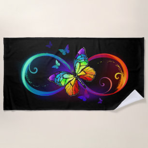 Serviette De Plage Infini vibrant avec papillon arc-en-ciel sur noir