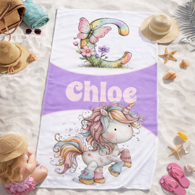 Serviette De Plage Initiale Florale Fantaisiste Avec Licorne Pour Enf (Créateur téléchargé)