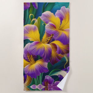 Serviette De Plage Iris Floral Violet et bleu or feuilles