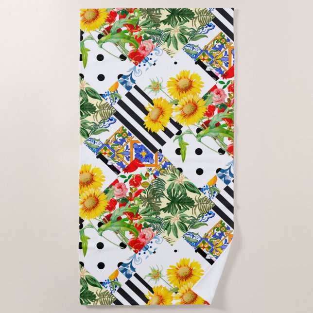 Serviette De Plage italien, art sicilien, patchwork, Fleurs d'été     (Devant)