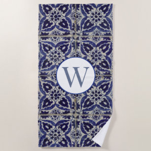 Serviette De Plage Italien Azulejo Bleu Blanc Géométrique Monogramme