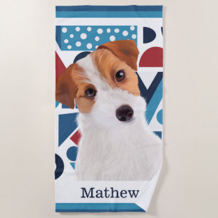 Serviette De Plage Jack Russell Terrier Chien bleu et rouge géométriq