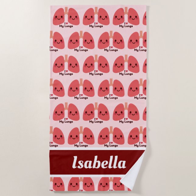 Serviette De Plage J'Aime Mes Poumons - Mignons Poumons Souriants (Devant)