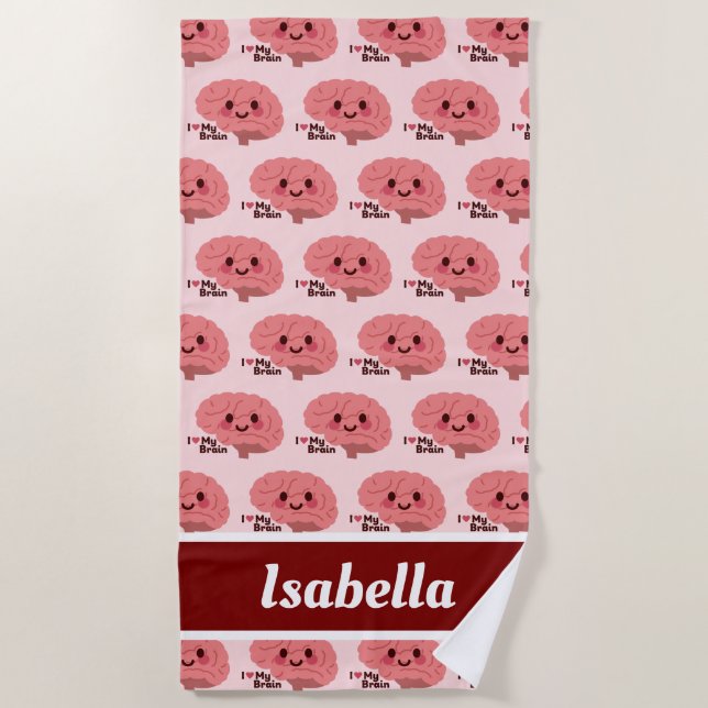 Serviette De Plage J'aime mon cerveau - mignon cerveau souriant (Devant)