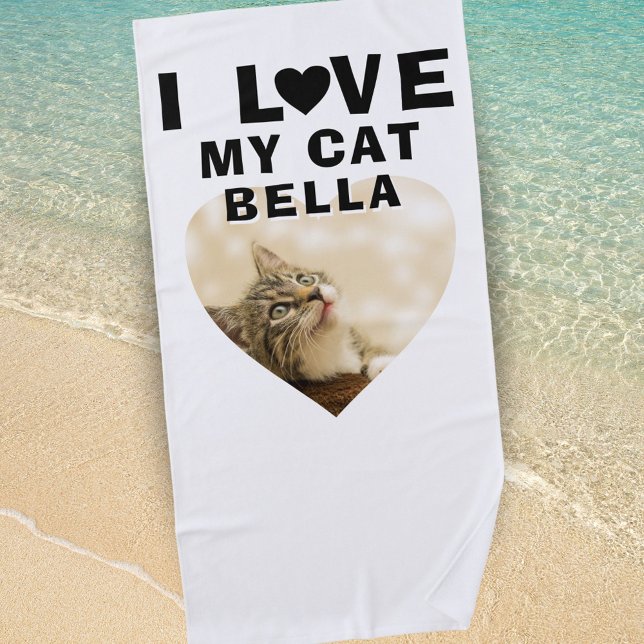 Serviette De Plage J'aime mon coeur de chat Photo Nom du chat (Créateur téléchargé)