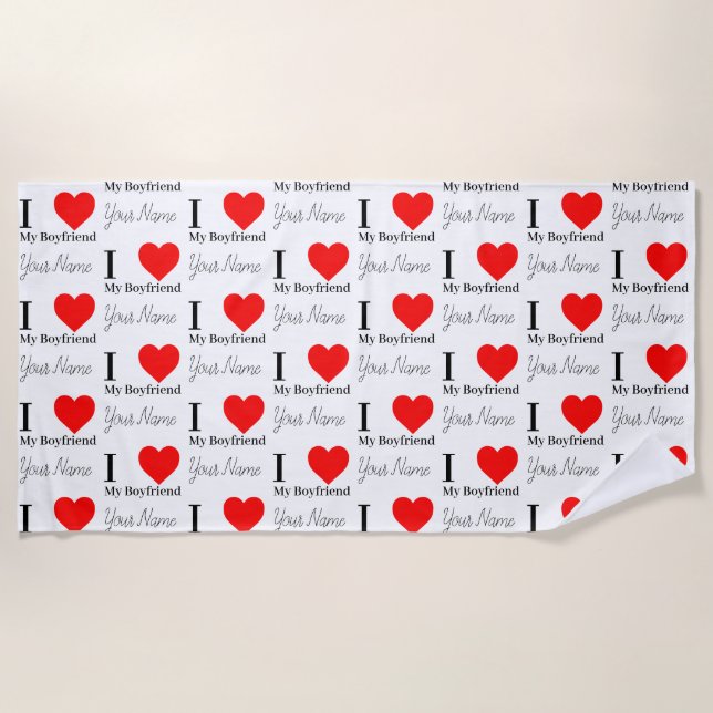 Serviette De Plage J'aime Mon Petit-ami & Coeur Rouge Personnalisé (Devant)