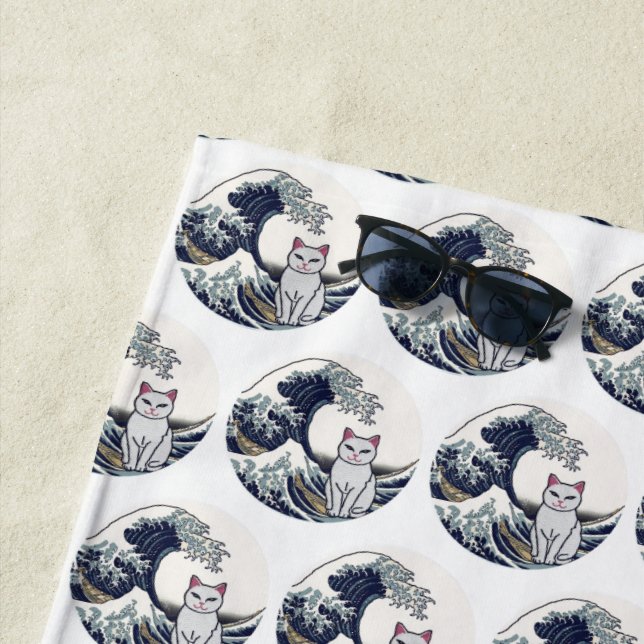 Serviette De Plage Japan Art Cat Wave Embroidered Design - Custom (En situation)