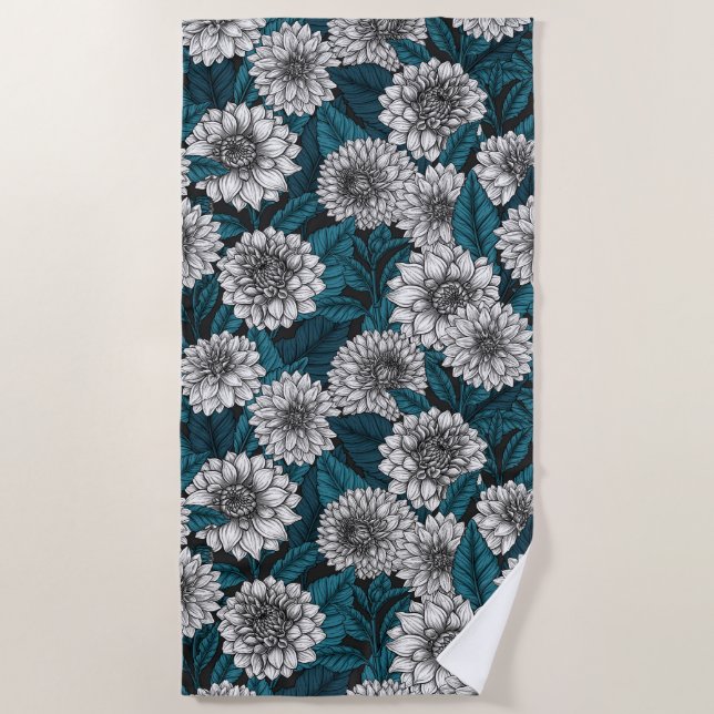 Serviette De Plage Jardin blanc Dahlia / feuilles bleus 2 (Devant)