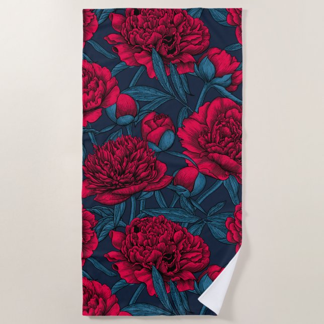 Serviette De Plage Jardin de pivoine rouge sur bleu foncé (Devant)