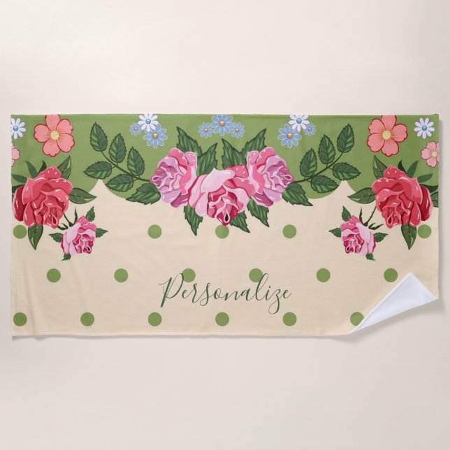 Serviette De Plage Jardin rose Rouge Rose Vert Floral Personnalisé (Devant)