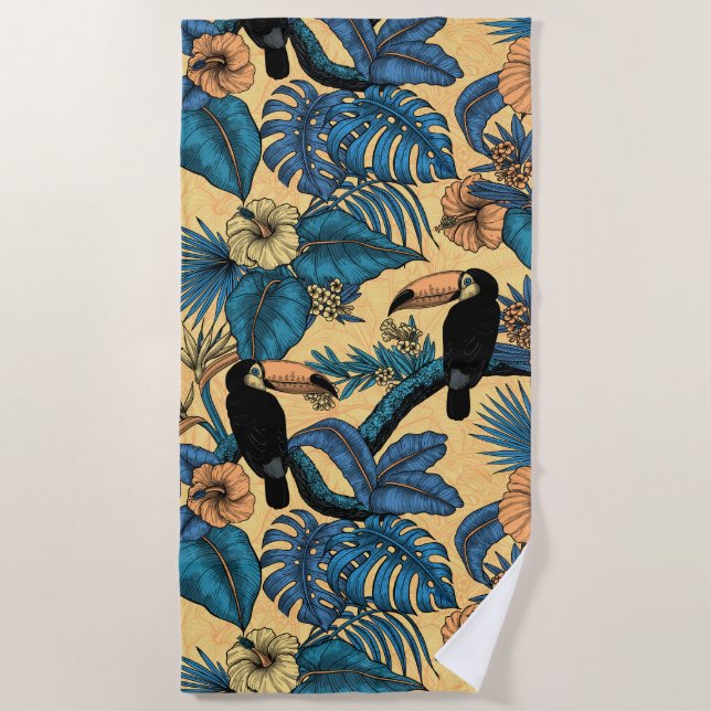 Serviette De Plage Jardin toucan en jaune et bleu (Devant)