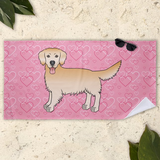 Serviette De Plage Jaune Golden Retriever Dessin Chien Sur Coeur Rose (Créateur téléchargé)
