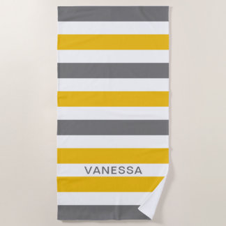 Serviette De Plage Jaune, Gris Et Blanc Stripe Nom Cabana Stripe