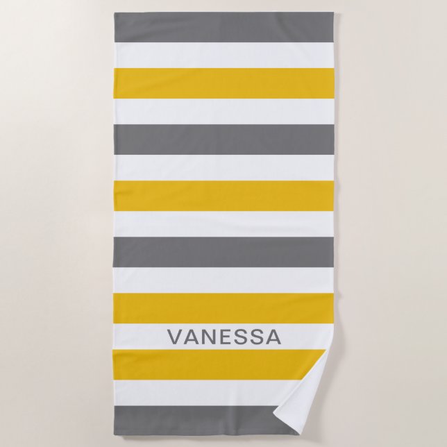 Serviette De Plage Jaune, Gris Et Blanc Stripe Nom Cabana Stripe (Devant)
