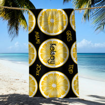 Serviette de plage jaune noir tranche de citron po