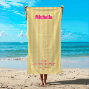 Serviette De Plage Jaune + rose Bachelorette à rayures côtières