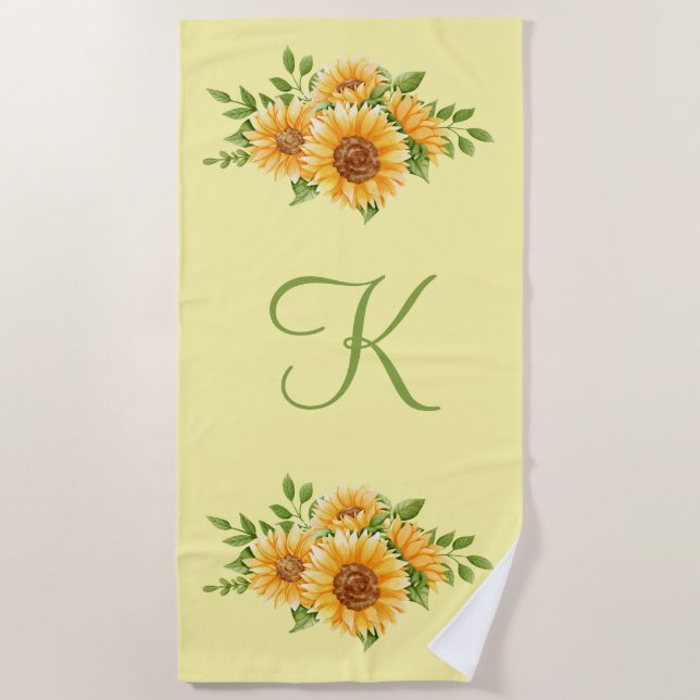 Serviette de plage jaune tournesols initiale monog (Devant)