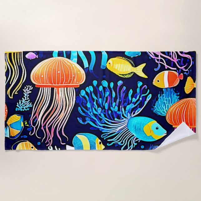 Serviette De Plage Jellyfish & Fish : Plaisir marin profond (Devant)