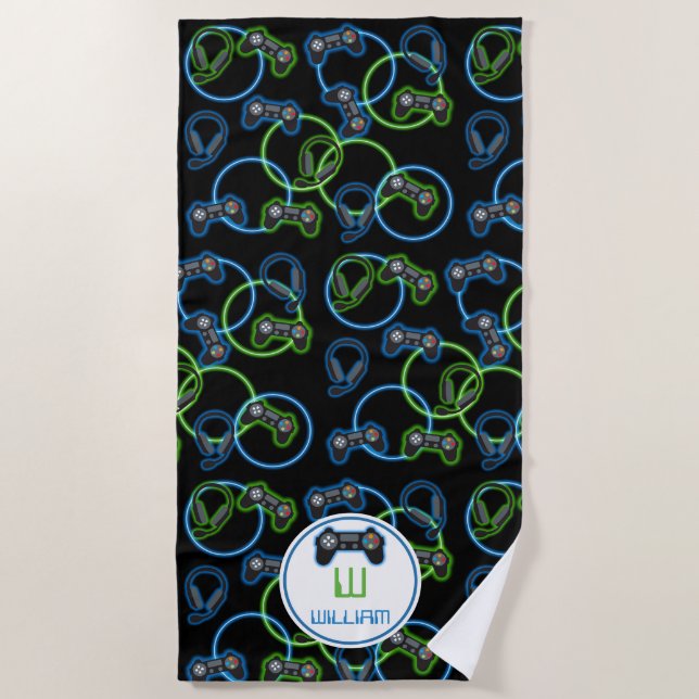 Serviette De Plage Jeu vidéo Neon Blue & Green Motif Monogramme (Devant)
