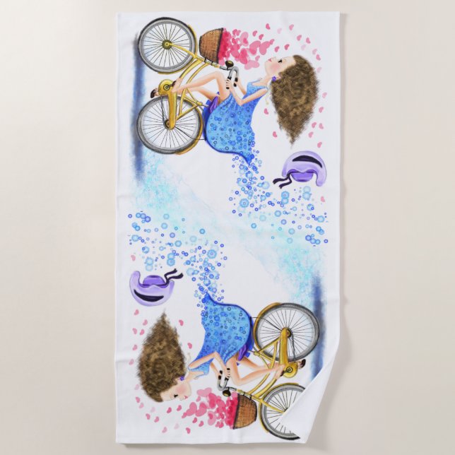 Serviette De Plage Jeune Fille Sur Un Vélo Plage Serviette Amour (Devant)