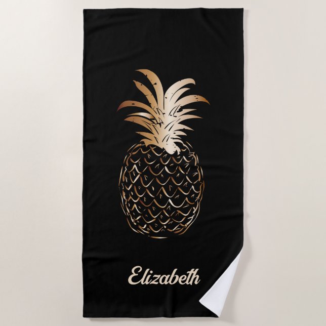 Serviette De Plage Joli Ananas noir et or pour fille - Personnalisé (Devant)