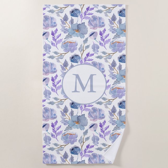Serviette De Plage Joli bleu bleu Lilac Aquarelle Floral Monogramme (Devant)