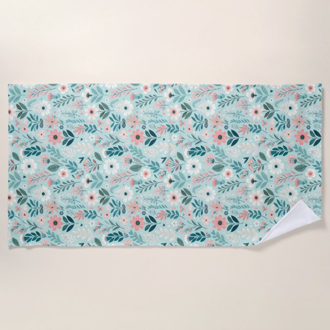 Serviette De Plage Joli bleu et rose pastel Fleurs d'Art folklorique (Devant)