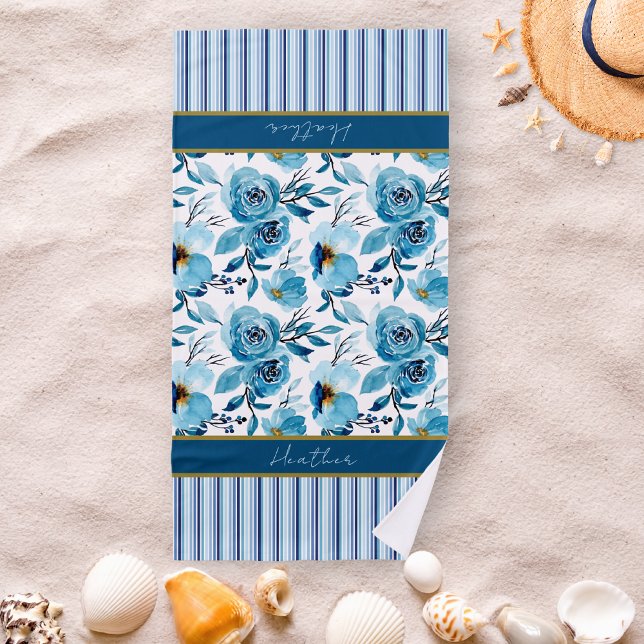 Serviette De Plage Joli bleu floral rayé Personnalisé (Créateur téléchargé)