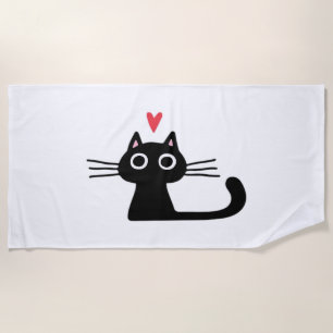 Serviette De Plage Joli chat noir avec cœur  Chatons Saint-Valentin C