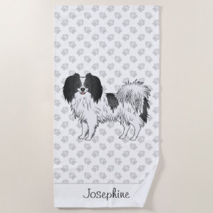 Serviette De Plage Joli Chien Phalène Noir Et Blanc Avec Nom Personna