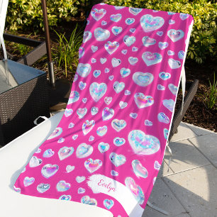 Serviette De Plage Joli coeur en cristal brillant 3D sur rose