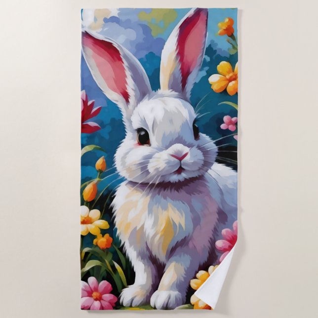 Serviette De Plage Joli Lapin Blanc Entouré de Fleurs Vibrantes (Devant)