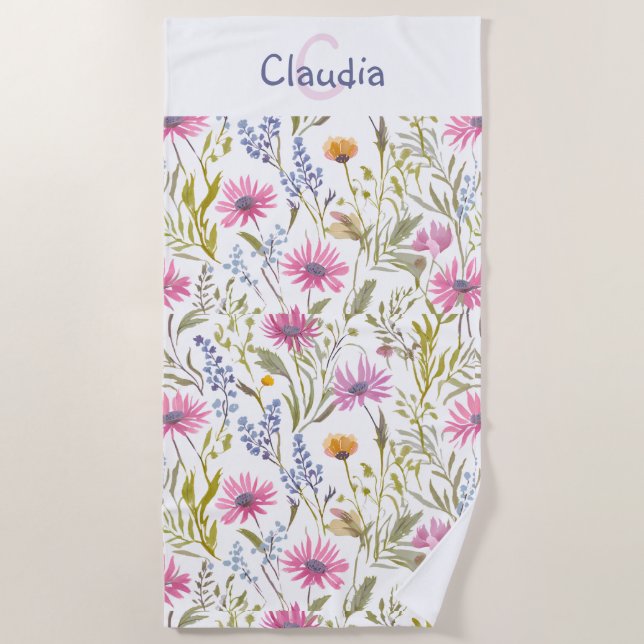 Serviette De Plage Joli motif de fleurs sauvages monogrammé (Devant)